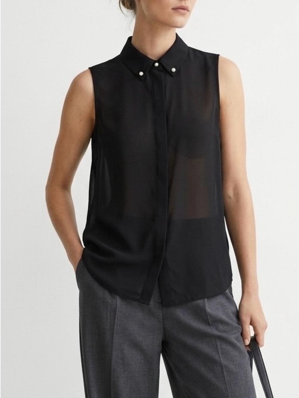 Karl Lagerfeld Paris Pearl Collar Chiffon Sleeveless Blouse Quiet Luxury Top XS